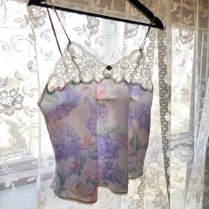 Lucie Ann Floral Lace Camisole Women 36 USA Made Pastel Roses Hydrangea
